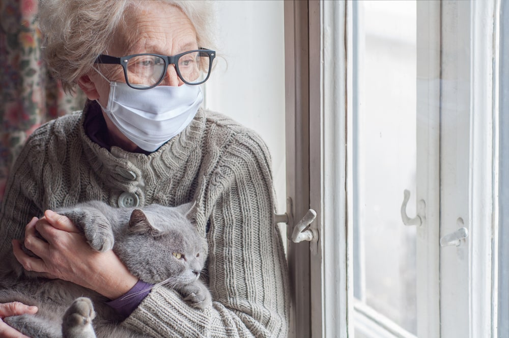 Donna anziana con gatto alla finestra